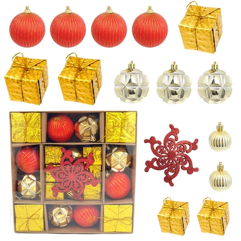 Ornamenti per Albero di Natale Palle Decorazione da Appendere Rosso Oro Bianco Fiocco di Neve Stella Confezione Regalo Festiva