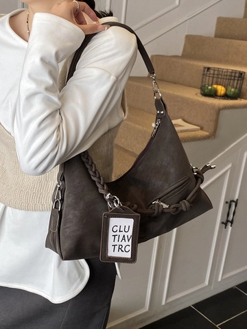 Vintage PU Leder Hobo Tasche Mit Geflochtenem Riemen Große Kapazität Schulter Umhängetasche Mode Reißverschluss Handtasche