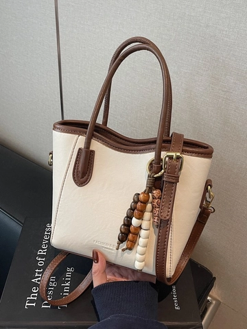 Women Vintage PU Leather Bucket Bag Beaded Charm Handbag Shoulder Crossbody Bag Solid Color Top Handle Tote Bag