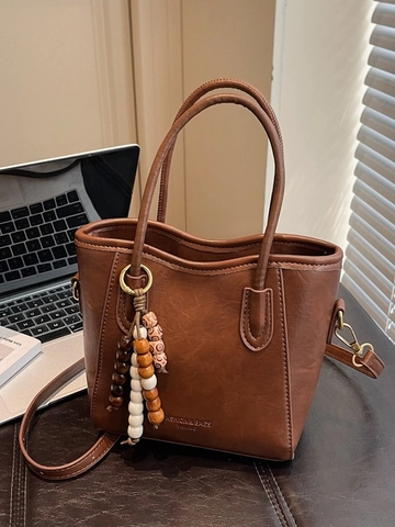 Women Vintage PU Leather Bucket Bag Beaded Charm Handbag Shoulder Crossbody Bag Solid Color Top Handle Tote Bag