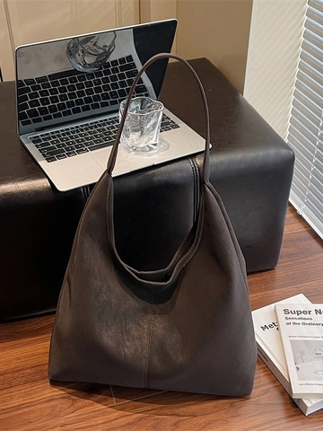Women Large Capacity Flannel Shoulder Bag Minimalist Vintage Commuting Tote Bag Soft Hobo Handbag Solid Color Office Bag