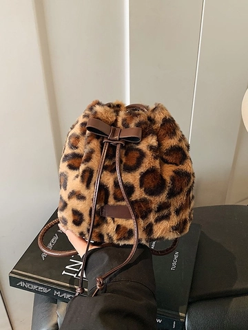 Bolso de Cubo de Peluche con Estampado de Leopardo de Moda para Mujer Piel Sintética Vintage Cordón Bolso Hombro Casual Invierno