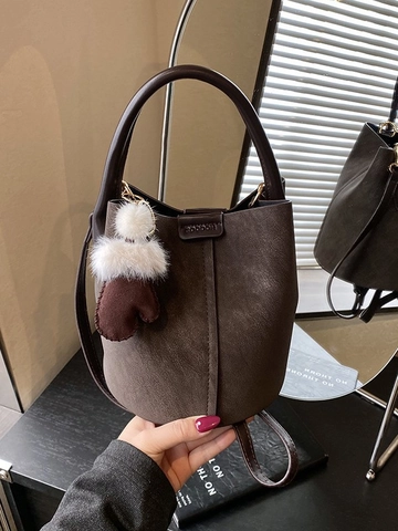 Women Minimalist PU Leather Bucket Bag Frosted Suede Patchwork Large Capacity Handbag Shoulder Crossbody Bag With Charm