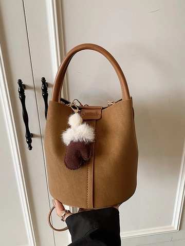 Women Minimalist PU Leather Bucket Bag Frosted Suede Patchwork Large Capacity Handbag Shoulder Crossbody Bag With Charm