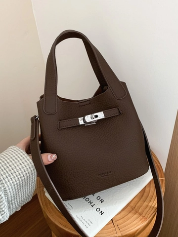 Fashion PU Leather Bucket Bag For Women Minimalist Solid Color Handbag With Metal Lock Crossbody Shoulder Bag