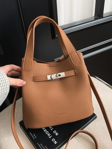 Fashion PU Leather Bucket Bag For Women Minimalist Solid Color Handbag With Metal Lock Crossbody Shoulder Bag