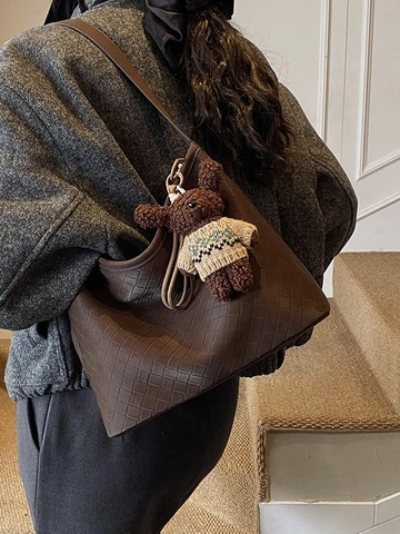 Borsa a Secchiello Vintage in Pelle PU Intrecciata per Donna Borsa a Tracolla Hobo Retro di Grande Capacità Con Ciondolo a Orsetto
