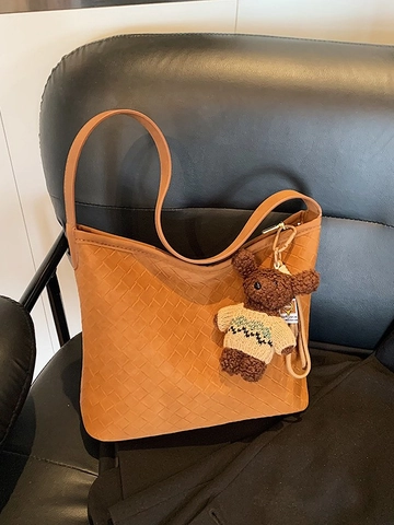 Borsa a Secchiello Vintage in Pelle PU Intrecciata per Donna Borsa a Tracolla Hobo Retro di Grande Capacità Con Ciondolo a Orsetto