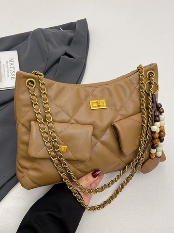Bolso de Hombro de Cuero PU Acolchado Vintage para Mujer Bolso de Bandolera de Rombos Gran Capacidad Con Cadena Dorada
