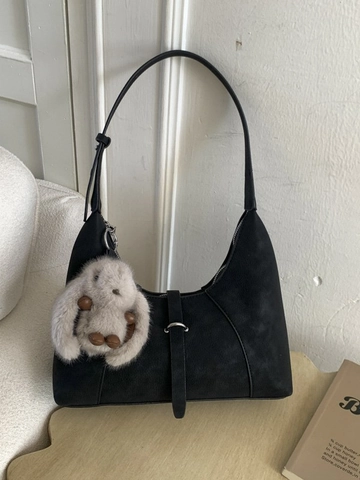 Women Minimalist PU Hobo Underarm Bag Retro Matte Suede Texture Shoulder Bag With Plush Rabbit Pendant Daily Fashion Handbag