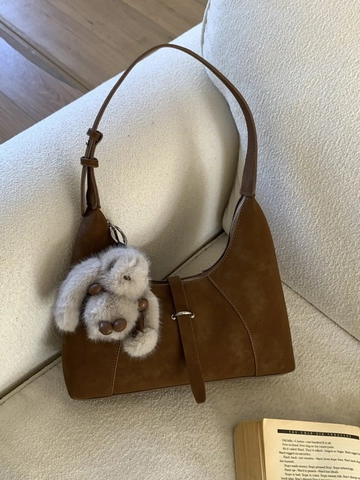 Women Minimalist PU Hobo Underarm Bag Retro Matte Suede Texture Shoulder Bag With Plush Rabbit Pendant Daily Fashion Handbag