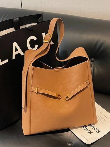 Large Capacity PU Leather Bucket Bag For Women Vintage Tote Shoulder Crossbody Commuter Bag With Magnetic Buckle High End Handbag