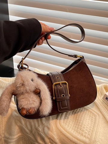 Bolso de Axila de PU Vintage para Mujer Color de Contraste Bolso de Hombro Hobo Con Lindo Colgante de Conejo Hebilla de Metal