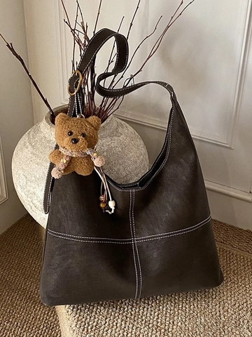 Vintage Große Kapazität PU Leder Shopper Damen Kontrastnähte Hobo Umhängetasche Mit Plüschbär Anhänger Mode Handtasche