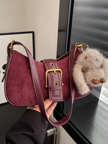 Bolso de Axila de PU Vintage para Mujer Color de Contraste Bolso de Hombro Hobo Con Lindo Colgante de Conejo Hebilla de Metal