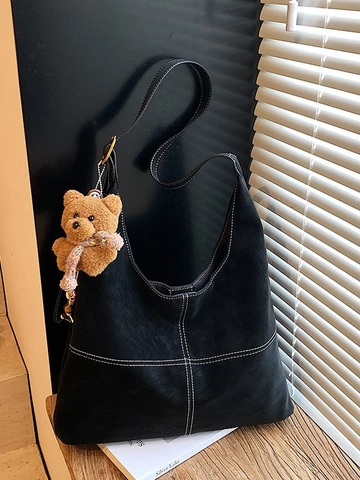 Vintage Große Kapazität PU Leder Shopper Damen Kontrastnähte Hobo Umhängetasche Mit Plüschbär Anhänger Mode Handtasche