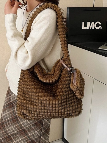 Sac Fourre-Tout en Peluche à Damiers pour Femmes Grande Capacité Sac à Bandoulière Moelleux Et Pochette Assortie