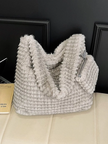 Sac Fourre-Tout en Peluche à Damiers pour Femmes Grande Capacité Sac à Bandoulière Moelleux Et Pochette Assortie