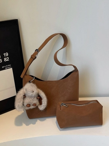 Minimalistische Damen PU Leder Hobo Tasche Mit Verstellbarem Riemen Und Plüsch Hasen Anhänger Lässige Schultertasche