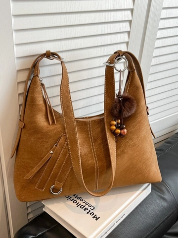 Bolsa Tote de Gran Capacidad de Costura de Contraste Vintage para Mujer Bolso de Hombro de Cuero PU Retro Con Colgante de Pompones