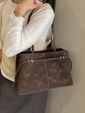 Bolso Tote de Cuero PU para Mujer Retro de Gran Capacidad Textura de Gamuza Bolso de Hombro con Costuras de Contraste