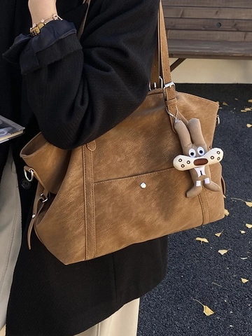 Retro Large Capacity PU Leather Tote Bag Women Underarm Shoulder Bag With Rabbit Charm Minimalist Commuter Handbag Hobo Bag