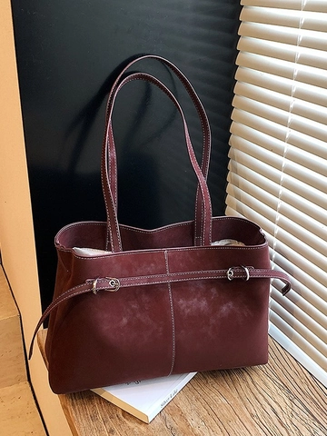 Bolso Tote de Cuero PU para Mujer Retro de Gran Capacidad Textura de Gamuza Bolso de Hombro con Costuras de Contraste