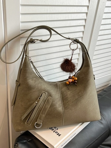 Bolsa Tote de Gran Capacidad de Costura de Contraste Vintage para Mujer Bolso de Hombro de Cuero PU Retro Con Colgante de Pompones