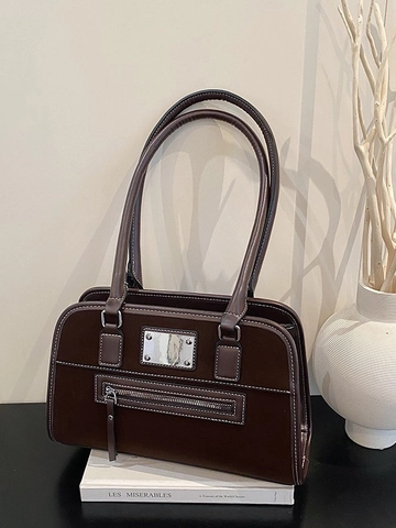 Women Retro PU Leather Underarm Bag Contrast Stitching Metal Plate Zip Pocket Shoulder Bag Tote Handbag Motorcycle Style
