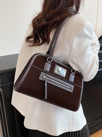 Women Retro PU Leather Underarm Bag Contrast Stitching Metal Plate Zip Pocket Shoulder Bag Tote Handbag Motorcycle Style