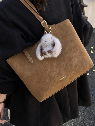 Women Vintage PU Leather Large Tote Bag Maillard Style Minimalist Commute Shoulder Bag With Plush Rabbit Charm Fashion Handbag