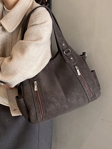 Bolso Tote de Cuero PU Vintage de Gran Capacidad para Mujer Bolso de Hombro Minimalista Urbano con Múltiples Bolsillos