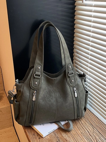 Bolso Tote de Cuero PU Vintage de Gran Capacidad para Mujer Bolso de Hombro Minimalista Urbano con Múltiples Bolsillos