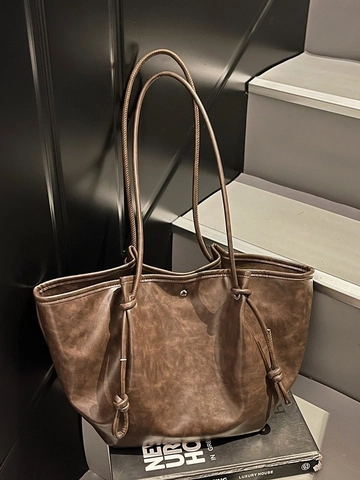 Large Capacity Vintage PU Leather Tote Bag Women Korean Style Casual Underarm Shoulder Bag Solid Color Commuting Handbag
