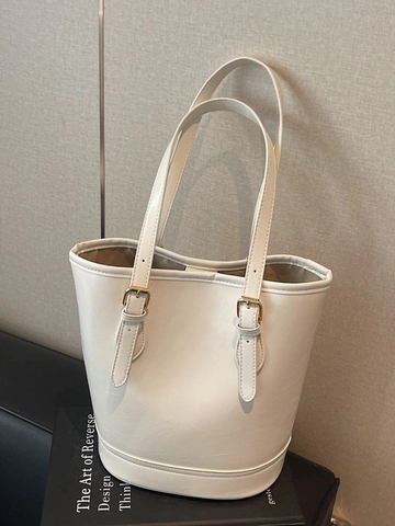 Bolso Cubo de Cuero PU Vintage para Mujer Bolso Tote de Gran Capacidad Color Sólido Bolso de Hombro Con Hebilla Dorada