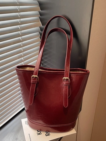 Bolso Cubo de Cuero PU Vintage para Mujer Bolso Tote de Gran Capacidad Color Sólido Bolso de Hombro Con Hebilla Dorada