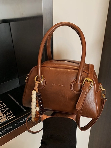 Vintage PU Leder Bowling Bag Damen Mit Holzperlen Anhänger Schicke Commuter Umhängetasche Und Crossbody Boston Bag