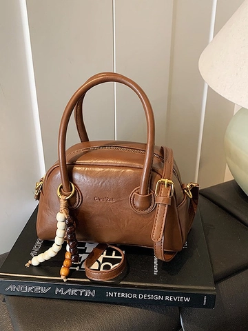 Vintage PU Leder Bowling Bag Damen Mit Holzperlen Anhänger Schicke Commuter Umhängetasche Und Crossbody Boston Bag