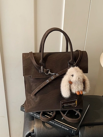 Vintage PU Leather Women Backpack Multi-functional Large Capacity Retro Shoulder Bag Tote Crossbody Bag With Rabbit Pendant