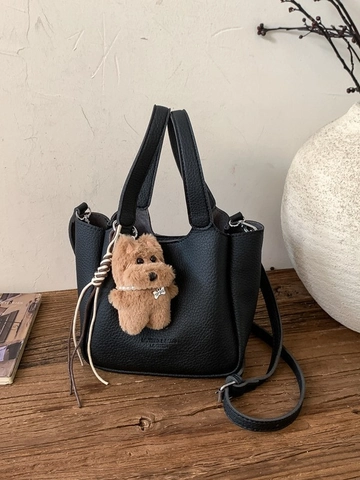 Sac Seau en Cuir PU Style Coréen pour Femmes Motif Litchi Minimaliste Sac Bandoulière Avec Pendentif Ours en Peluche Sac à Main