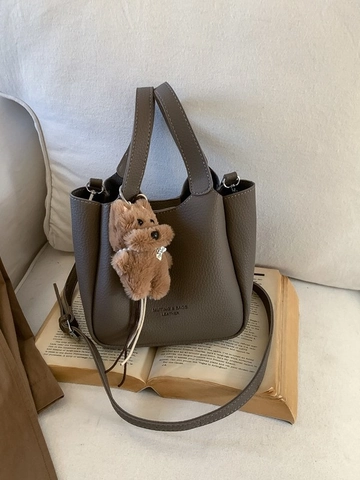 Sac Seau en Cuir PU Style Coréen pour Femmes Motif Litchi Minimaliste Sac Bandoulière Avec Pendentif Ours en Peluche Sac à Main