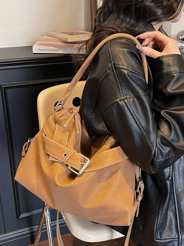 Borsa Tote da Donna Vintage in Pelle PU Grande Capacità Cuciture a Contrasto Fibbia Cintura Decor Borsa a Spalla Elegante Handbag Quotidiana
