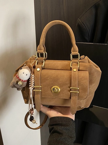 Retro PU Leather Women Shoulder Bag Classic Turn-lock Small Square Crossbody Bag With Plush Pendant Fashion Commute Handbag