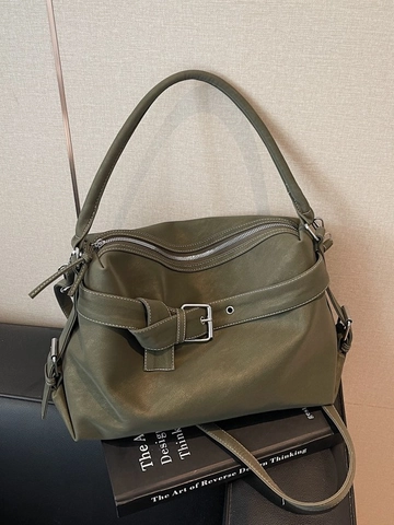 Borsa Tote da Donna Vintage in Pelle PU Grande Capacità Cuciture a Contrasto Fibbia Cintura Decor Borsa a Spalla Elegante Handbag Quotidiana