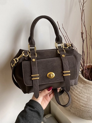 Retro PU Leather Women Shoulder Bag Classic Turn-lock Small Square Crossbody Bag With Plush Pendant Fashion Commute Handbag