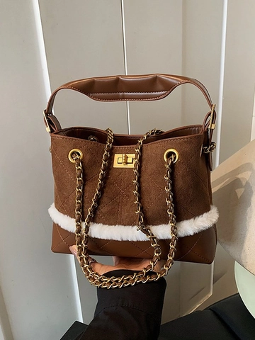 Women Retro Spliced PU Suede Shoulder Bag With Plush Trim Quilted Chain Large Capacity Commuting Crossbody Handbag
