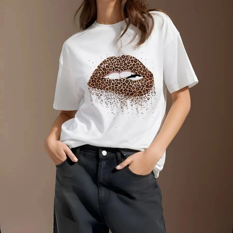 Dames Luipaardprint Lippen Grafische Print T-Shirt Casual Ronde Hals Katoen Korte Mouw Basis Tee Mode Streetwear Zomer Top