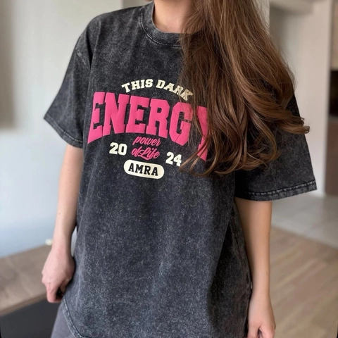 Damen Vintage Acid Washed Schwarz Oversize T-Shirt Streetwear Energy Grafikdruck Kurzarm Reine Baumwolle Lässiges Tee