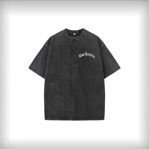 Camiseta Oversized Vintage Americano Negro Lavado Hombre Mujer Ropa de Calle Los Angeles Letras Estampadas Manga Corta Algodón Top