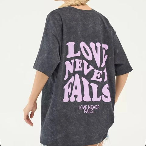 Dames Gewassen Zwart Zwaargewicht Katoen T-Shirt Love Never Fails Letterprint Retro Hiphop Losse Ronde Hals Top